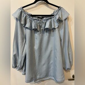Lauren Ralph Lauren Women Ruffle Trim Light Denim Blouse Blue 3/4 Sleeve